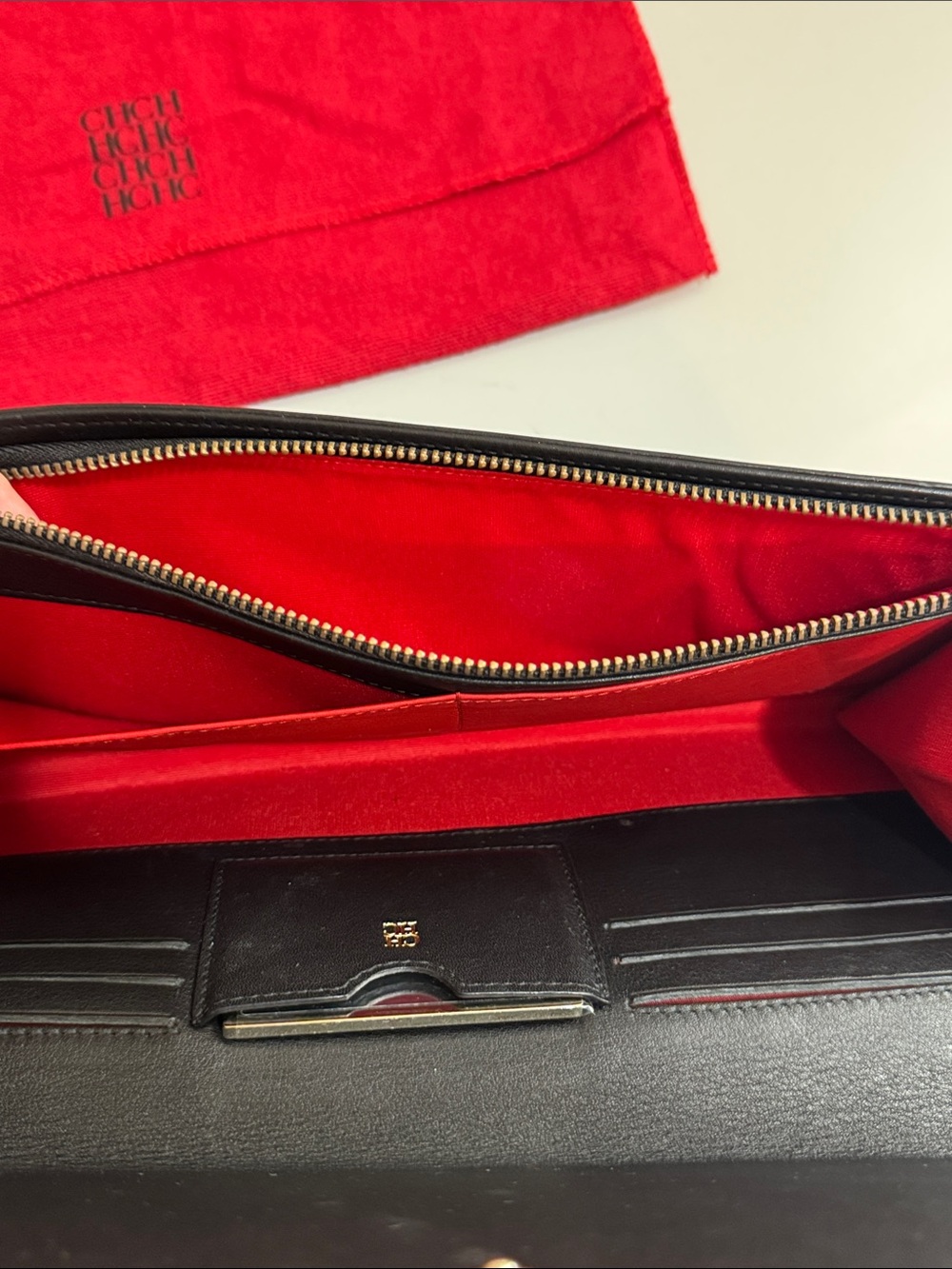 Carolina Herrera Black Leather Envelope Clutch with Gold CH Accent - Picture 8 of 16